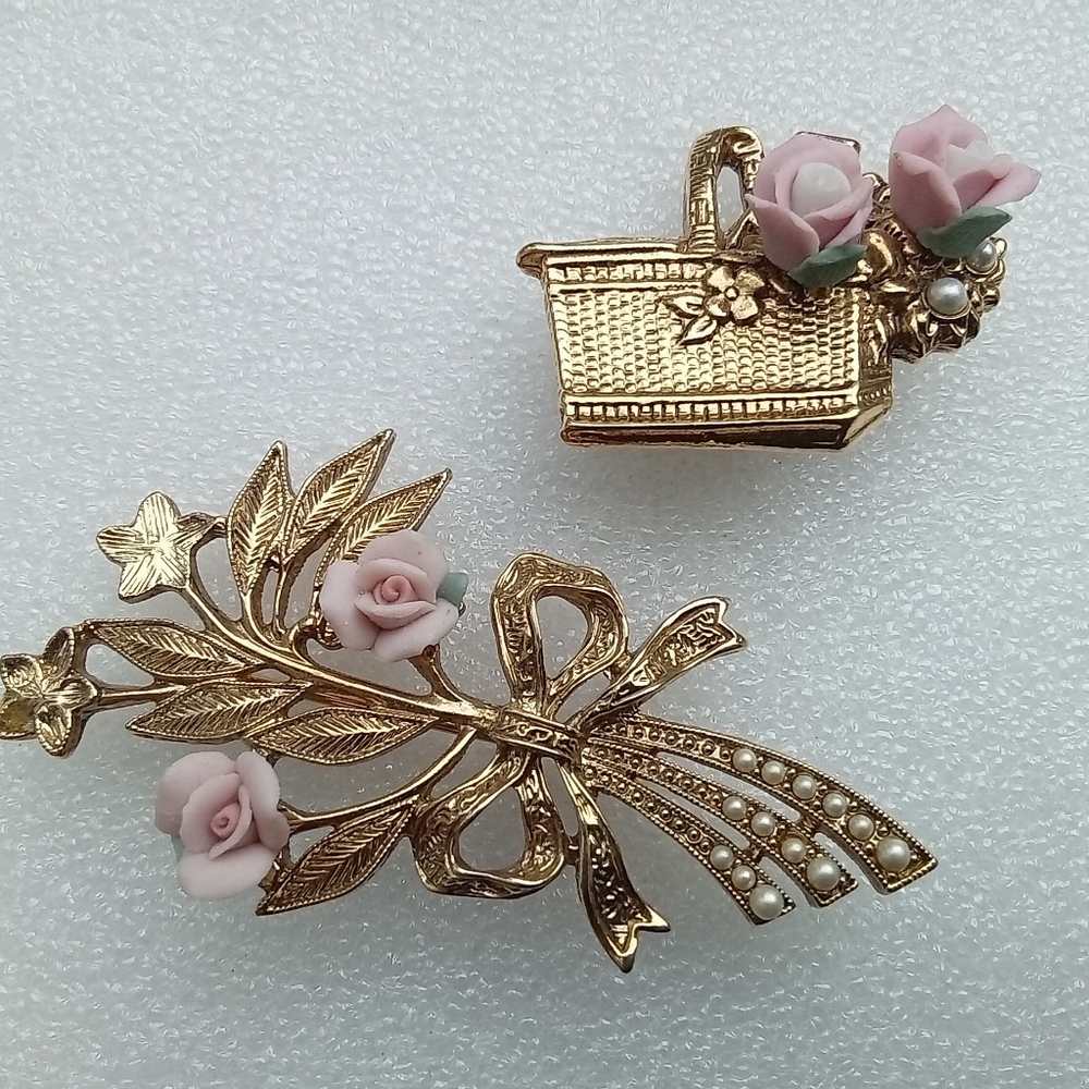 Vintage 1928  Of Two Gold Floral Brooches Set with Pink Accents